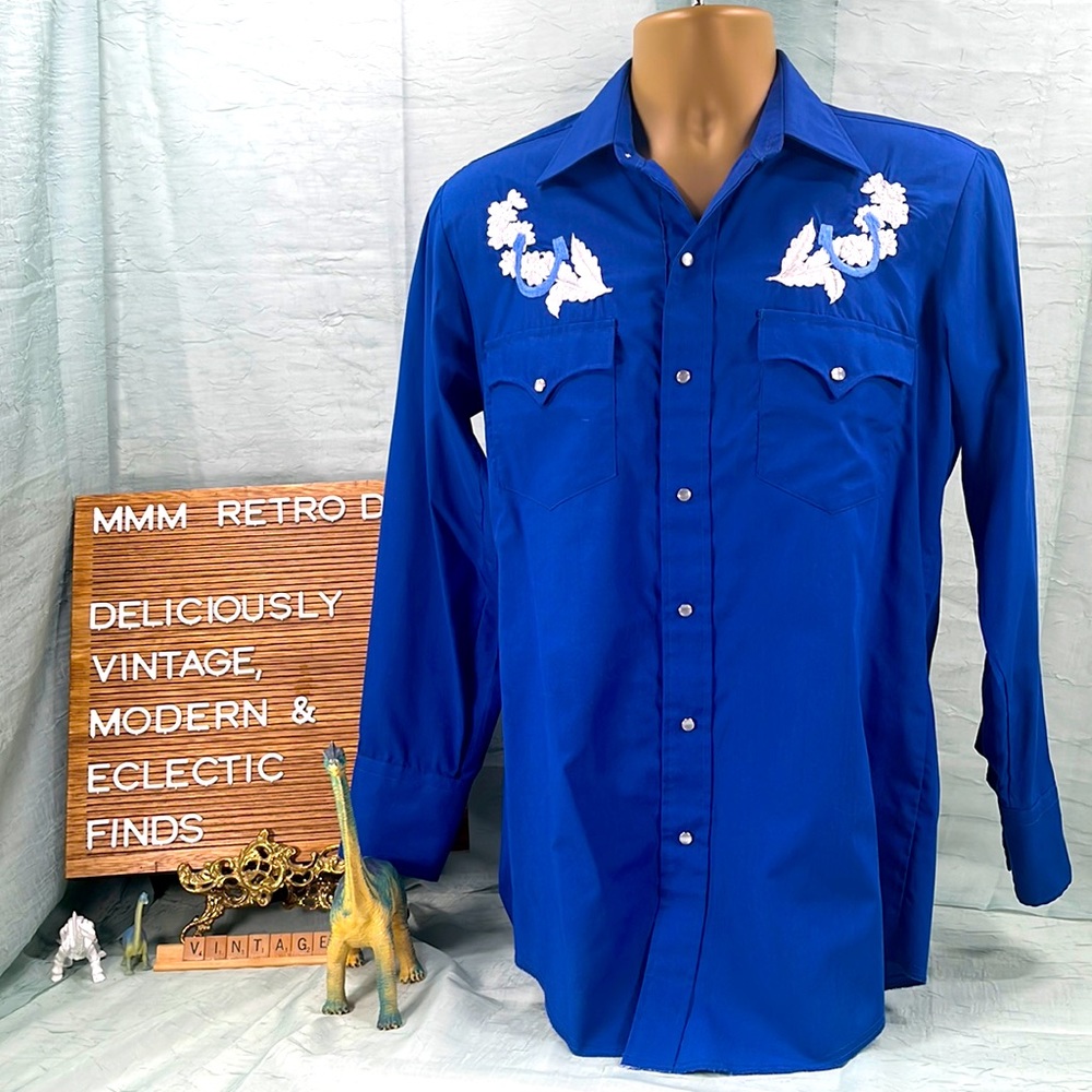 Retro Royal Blue Embroidered Pearl Snap Button Down Long Sleeve Shirt
